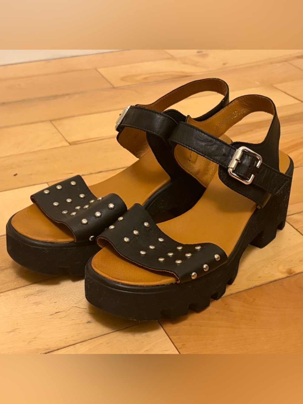 Black Studded Leather Platform Sandals